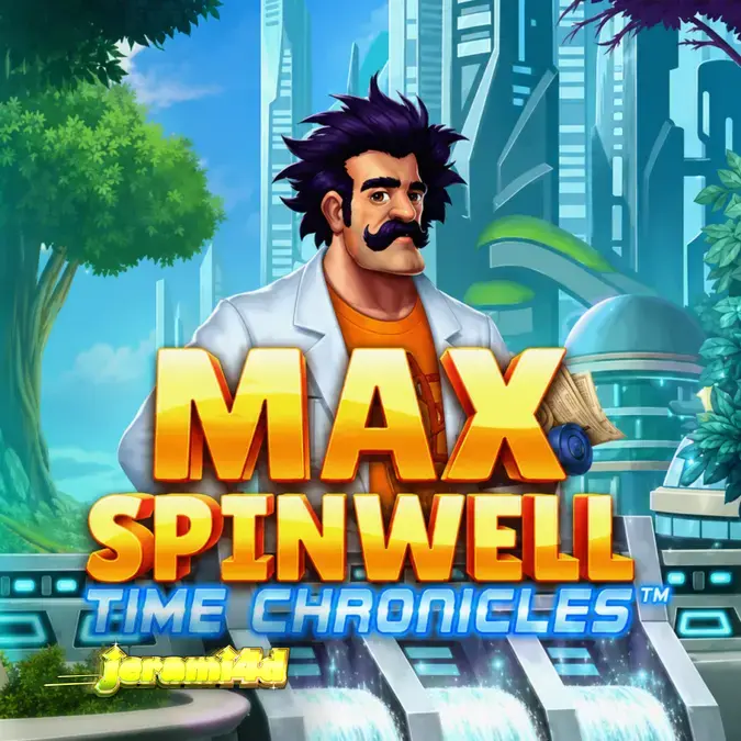 Tangkapan layar dari game slot Max Spinwell: Time Chronicles dengan karakter utama dan tema penjelajahan waktu.